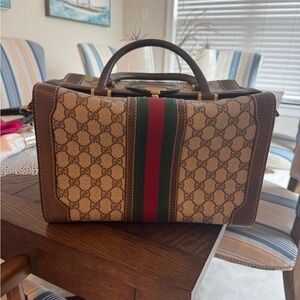 Gucci Beige GG Supreme Canvas Top Handle Bag with Green and Red Web